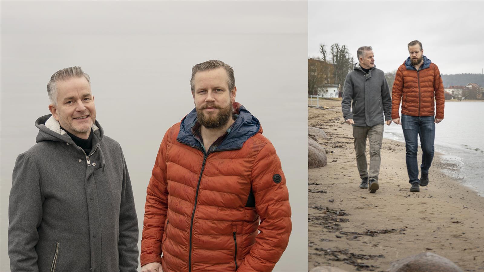 Tomas Ankarcrona och Niklas Larsson går på vätterstranden. Fotograf Väns Sweden